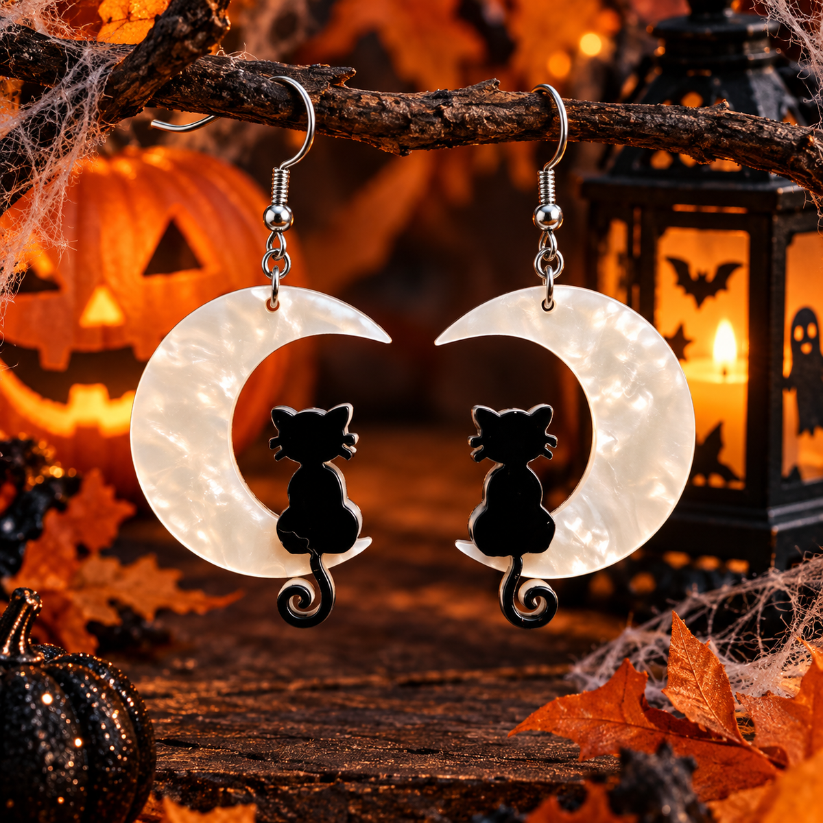 Boucles d’oreilles Halloween Lunéa – Croissant de lune et chat noir en acrylique