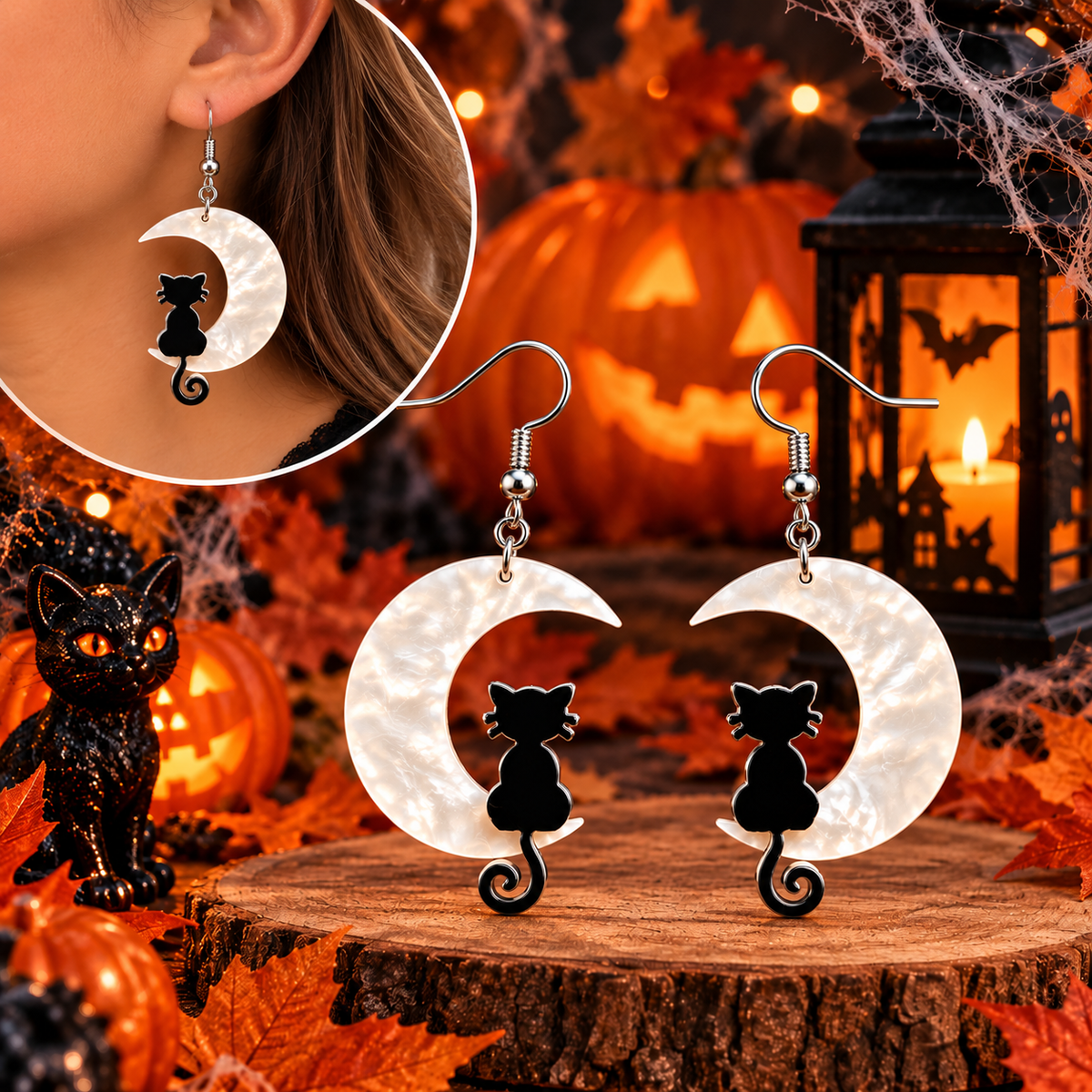 Boucles d’oreilles Halloween Lunéa – Croissant de lune et chat noir en acrylique