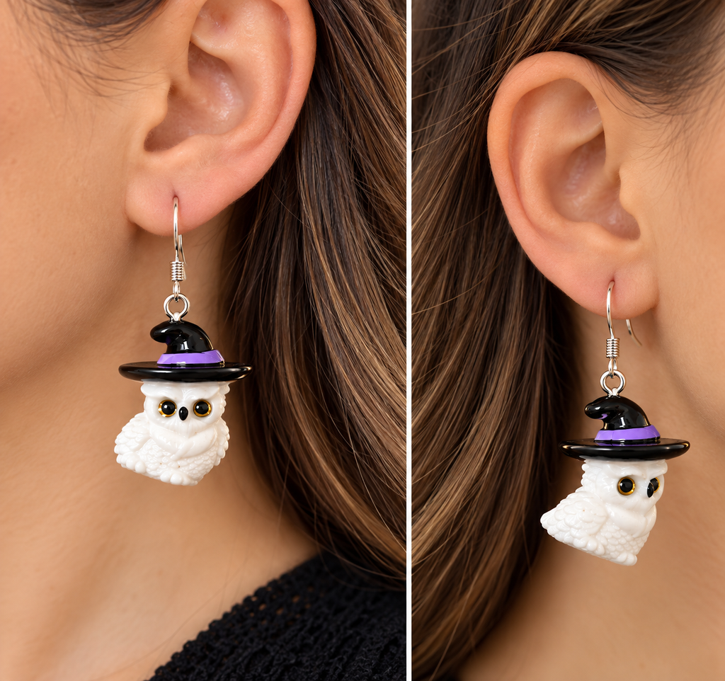 Boucles d’oreilles Halloween Edwige – Chouettes en résine et chapeaux de sorcière