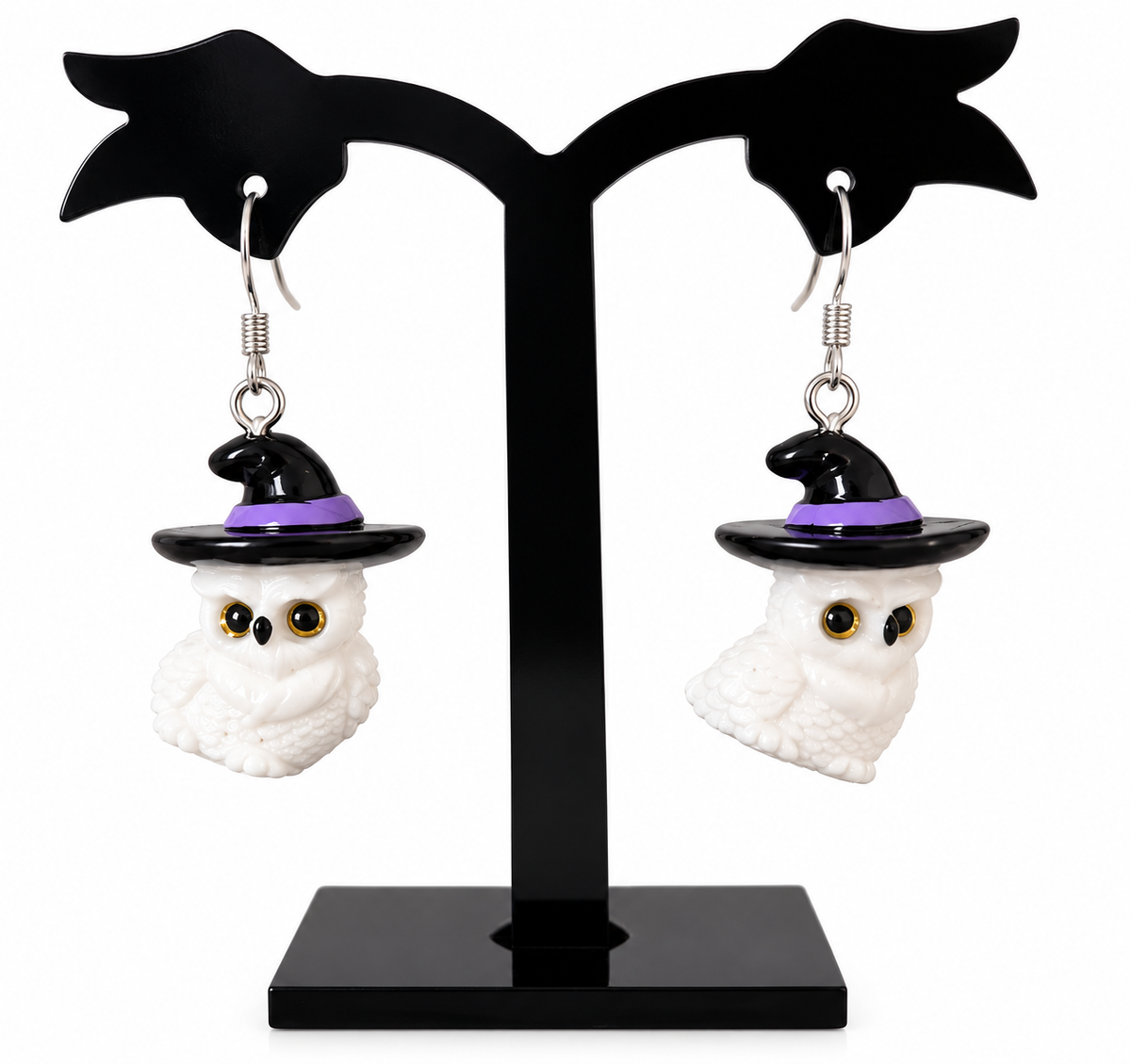 Boucles d’oreilles Halloween Edwige – Chouettes en résine et chapeaux de sorcière