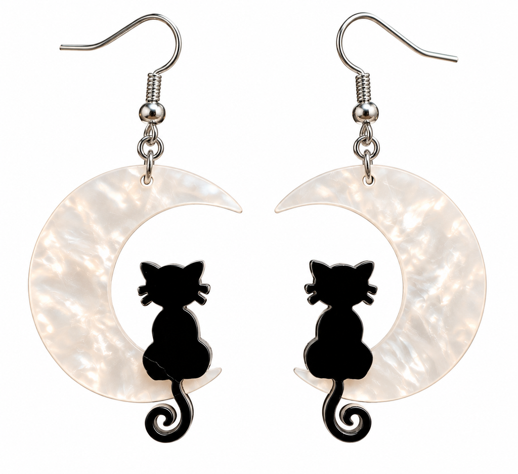 Boucles d’oreilles Halloween Lunéa – Croissant de lune et chat noir en acrylique