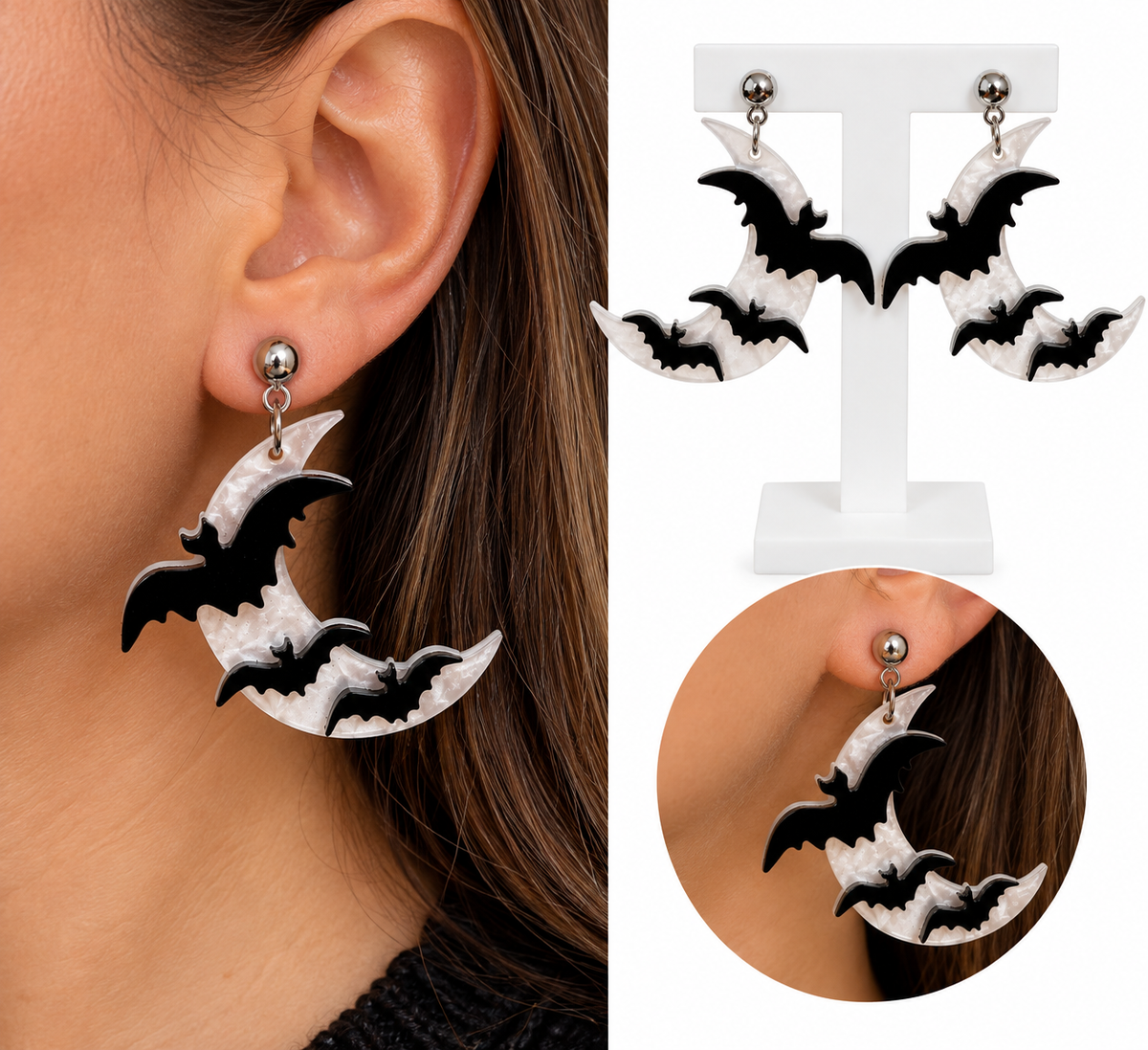 Boucles d’oreilles Halloween Nuit ensorcelée – Lune et chauves-souris en acrylique