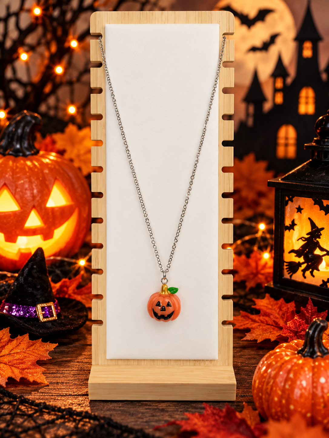 Collier Halloween Citrouille – Pendentif en résine et chaîne en acier inoxydable