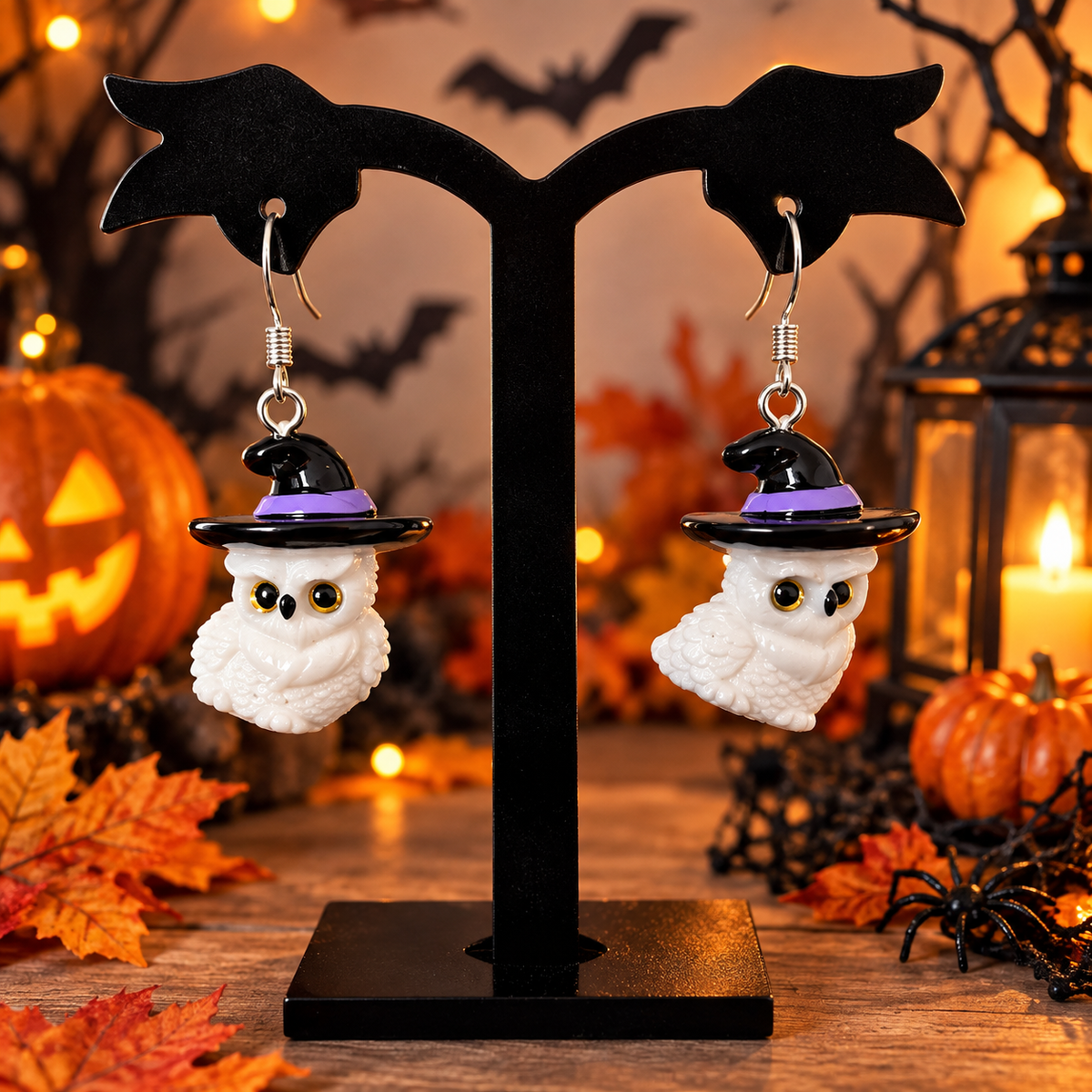 Boucles d’oreilles Halloween Edwige – Chouettes en résine et chapeaux de sorcière