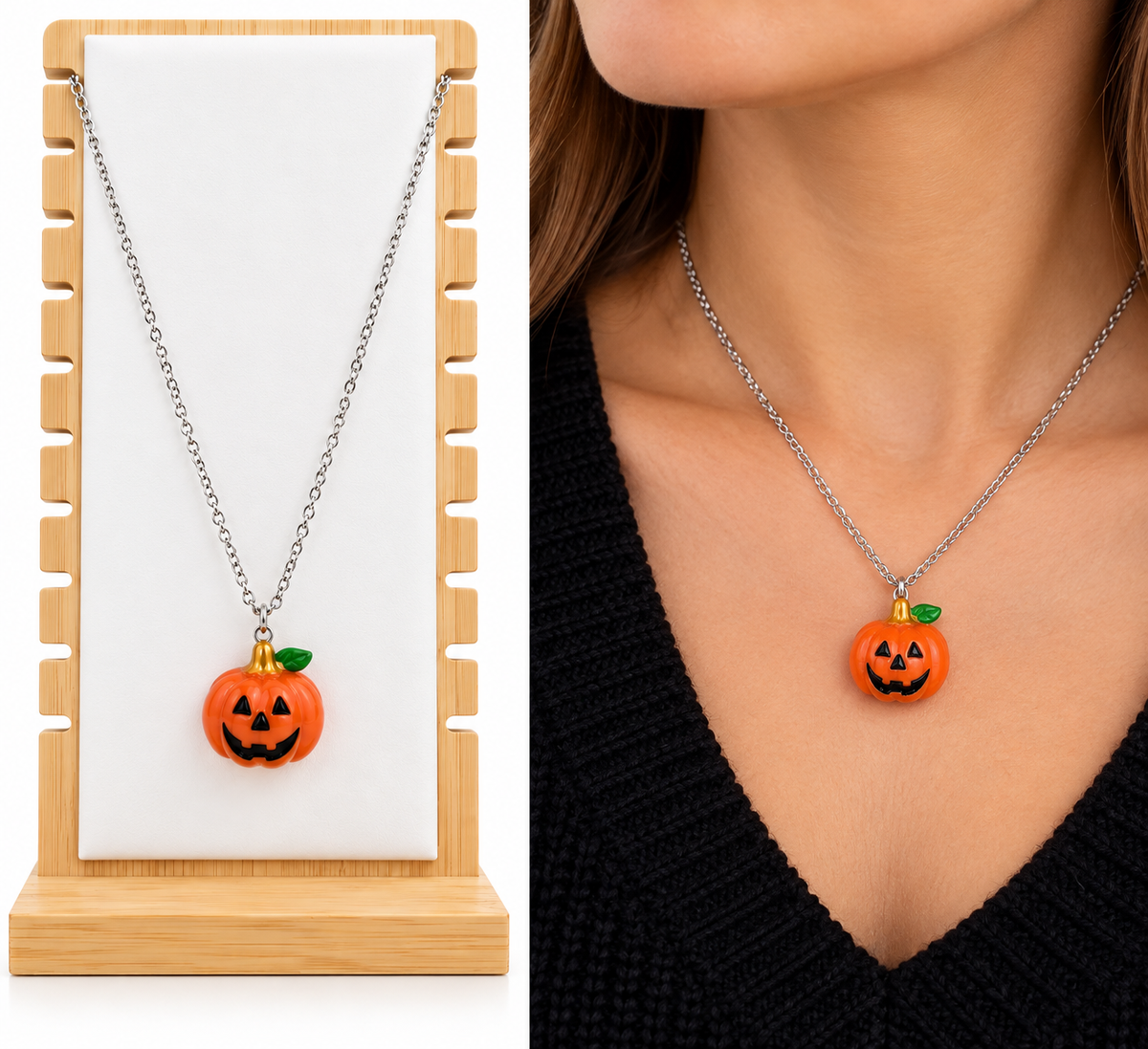 Collier Halloween Citrouille – Pendentif en résine et chaîne en acier inoxydable