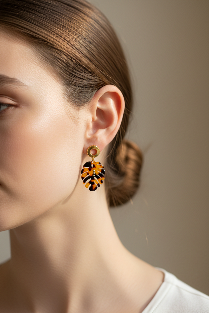 Boucles d'oreilles Maya – Feuille Monstera Écaille & Clou Doré | Style Tropical Chic